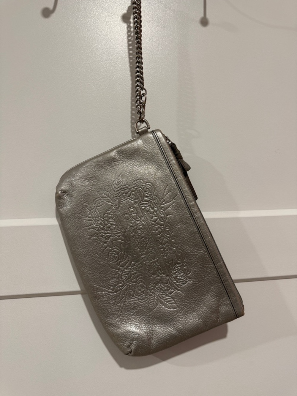 Coach Metallic Silver Embossed Leather Wristlet
